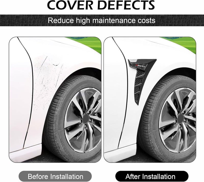 Arwrilt 2 PCS Car Fender Side Vents, TPU Shark Gill Side Air Flow Hole Grille with Sports Logo, Cool Personality Fender Vent Trim Covers, Self-Adhesive Spoiler Exterior Decorations for Cars (Black) - Image 4